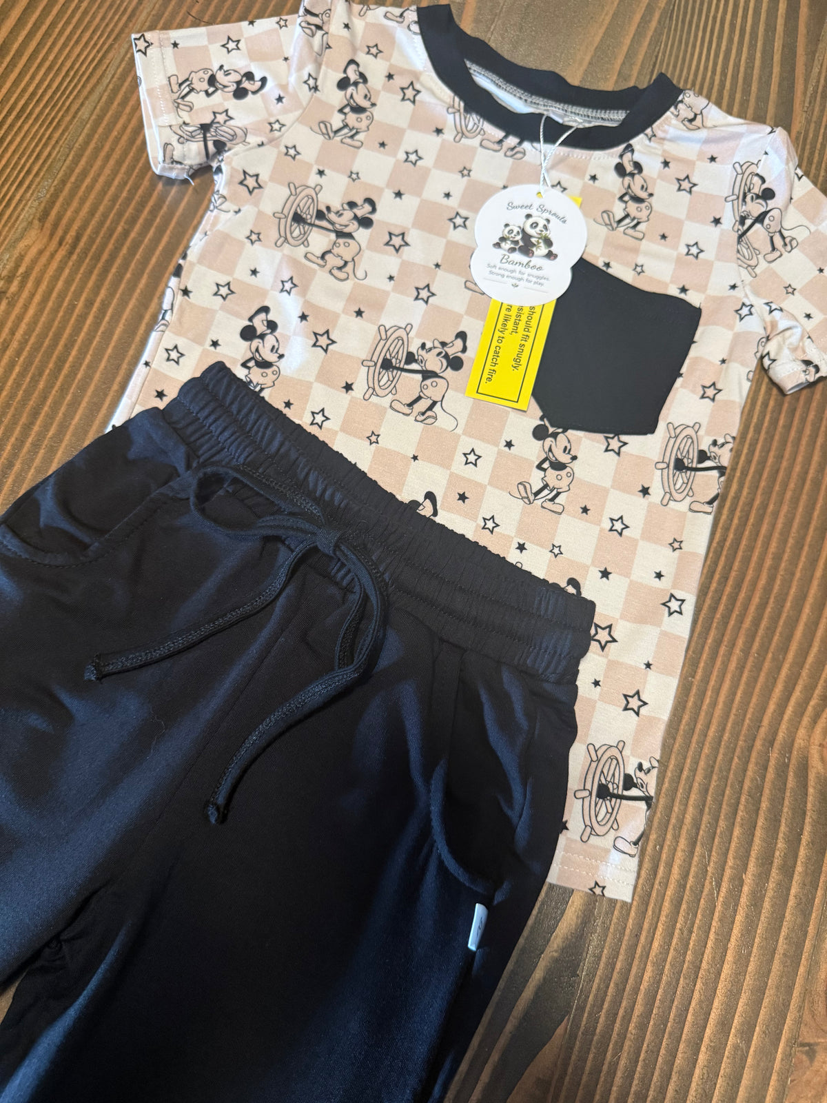 🖤 Steamboat Stars — Boys Bamboo Pocket Tee + Black French Terry bamboo Pants
