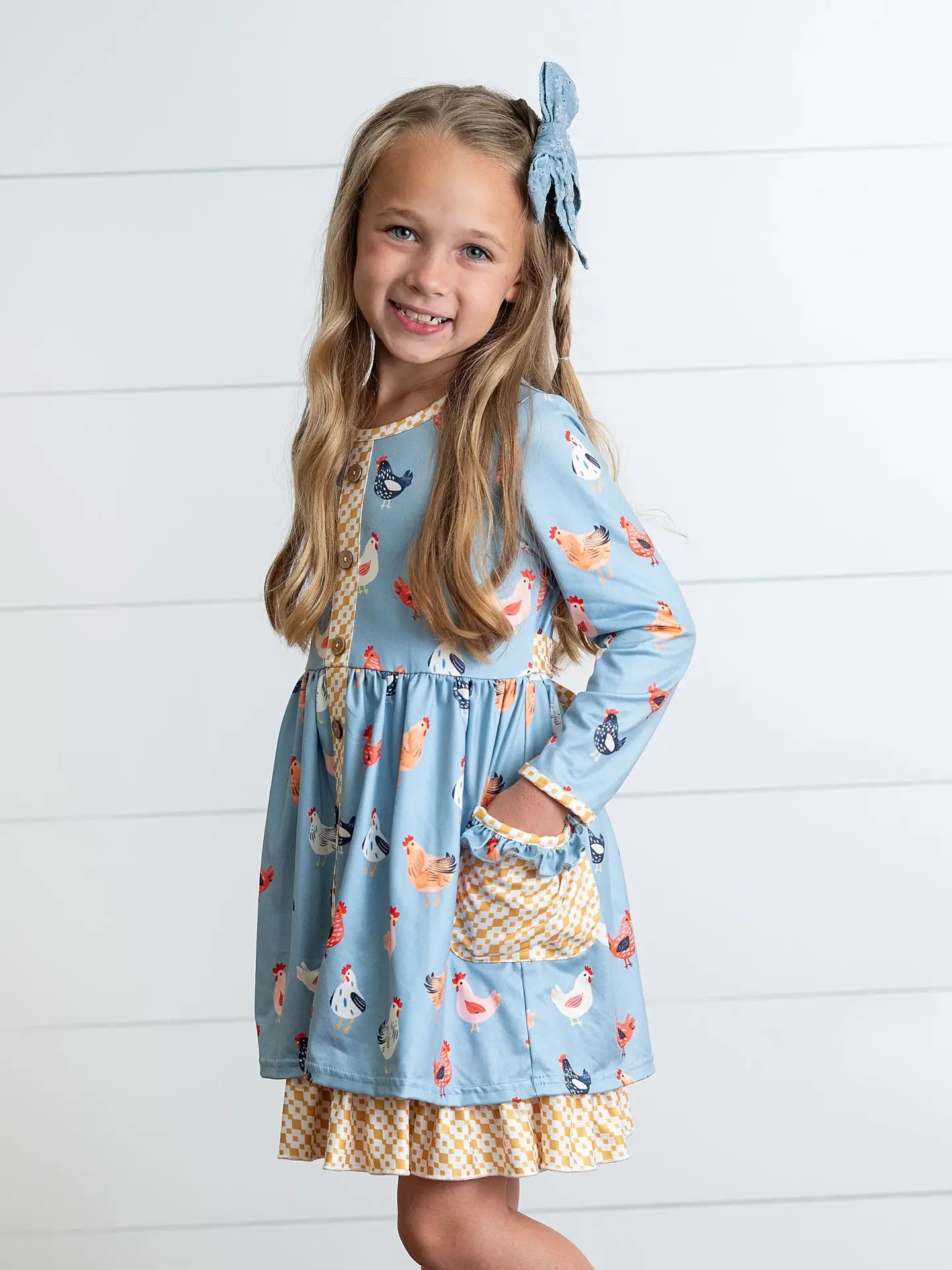 Girls Blue Chicken Ruffle Button Pocket Tie Fall Dress