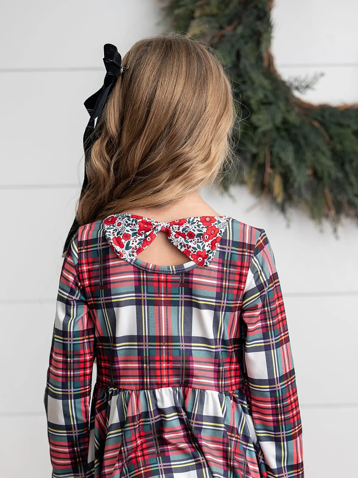 Girls Holiday Christmas Plaid Lace Ruffle Bow Back Dress