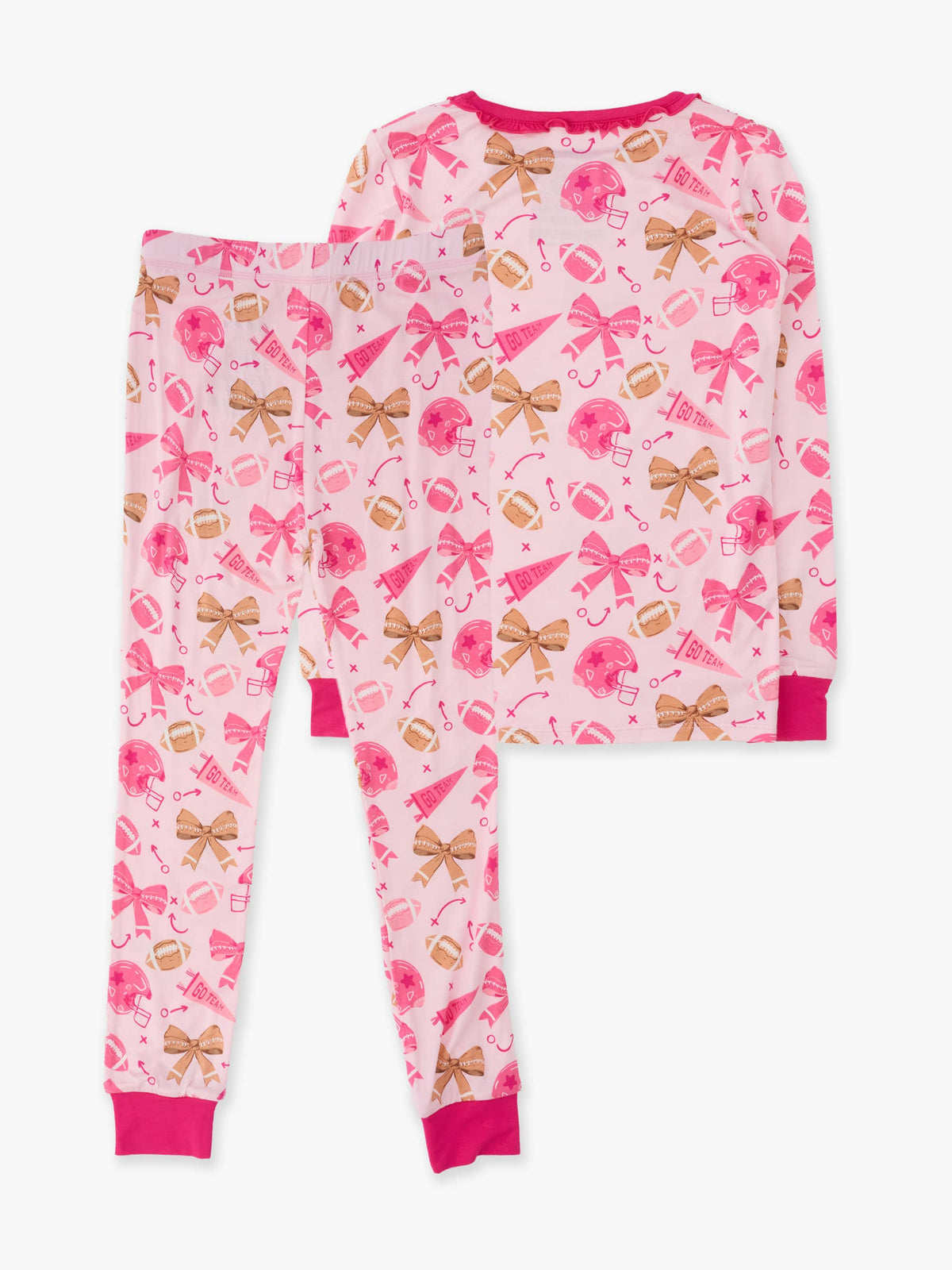 SoftSnooze™ Girls Bamboo Viscose Footballs & Bows Ruffle Long Sleeve Pajama Set