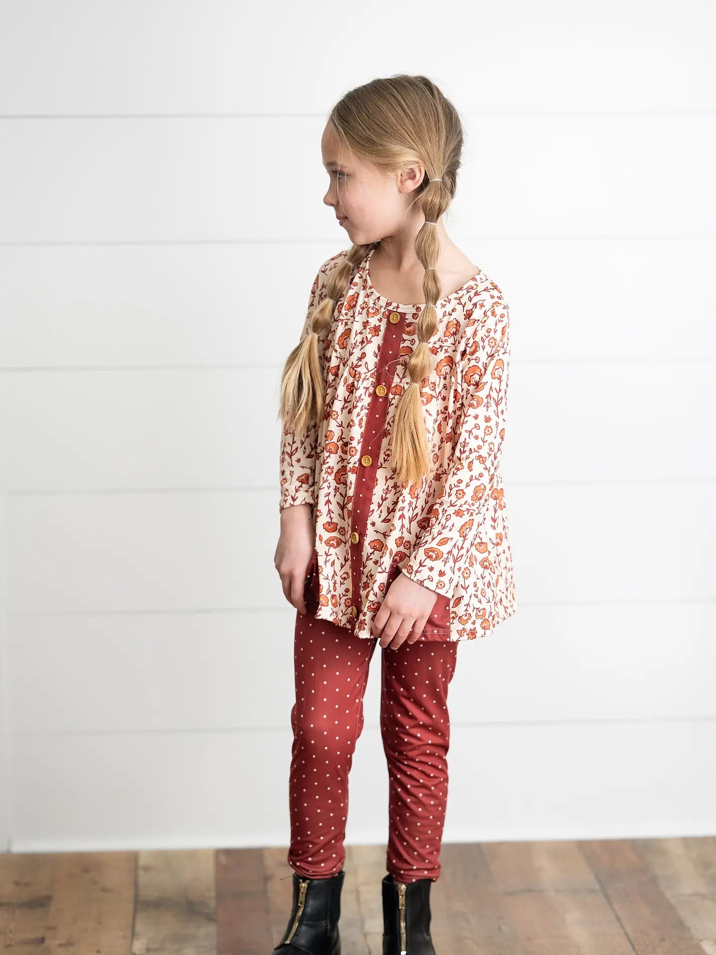 Girls Cinnamon Fall Floral & Pin Dot Pant Set