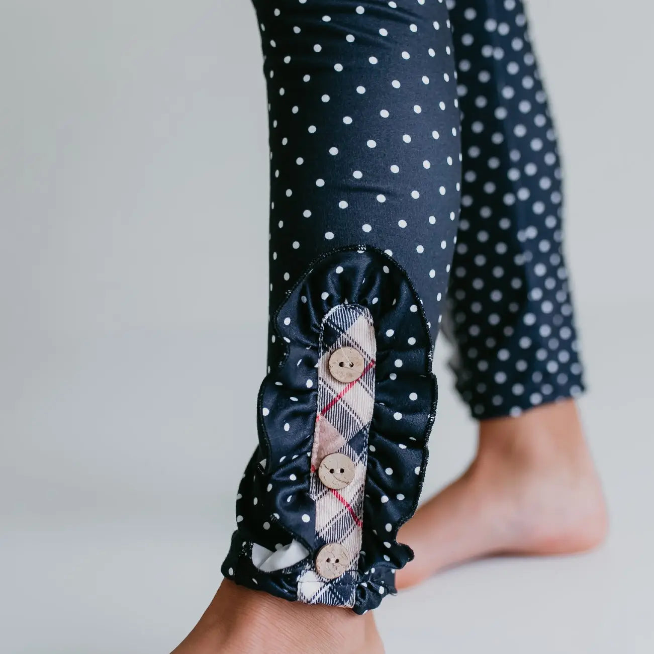 Girls Tan Plaid & Polka Dot Ruffle Pocket Button Legging Set