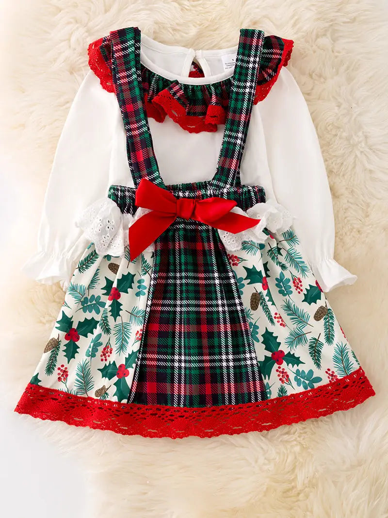 Plaid & Holly Leaves Printed Suspender with White Undershirt.