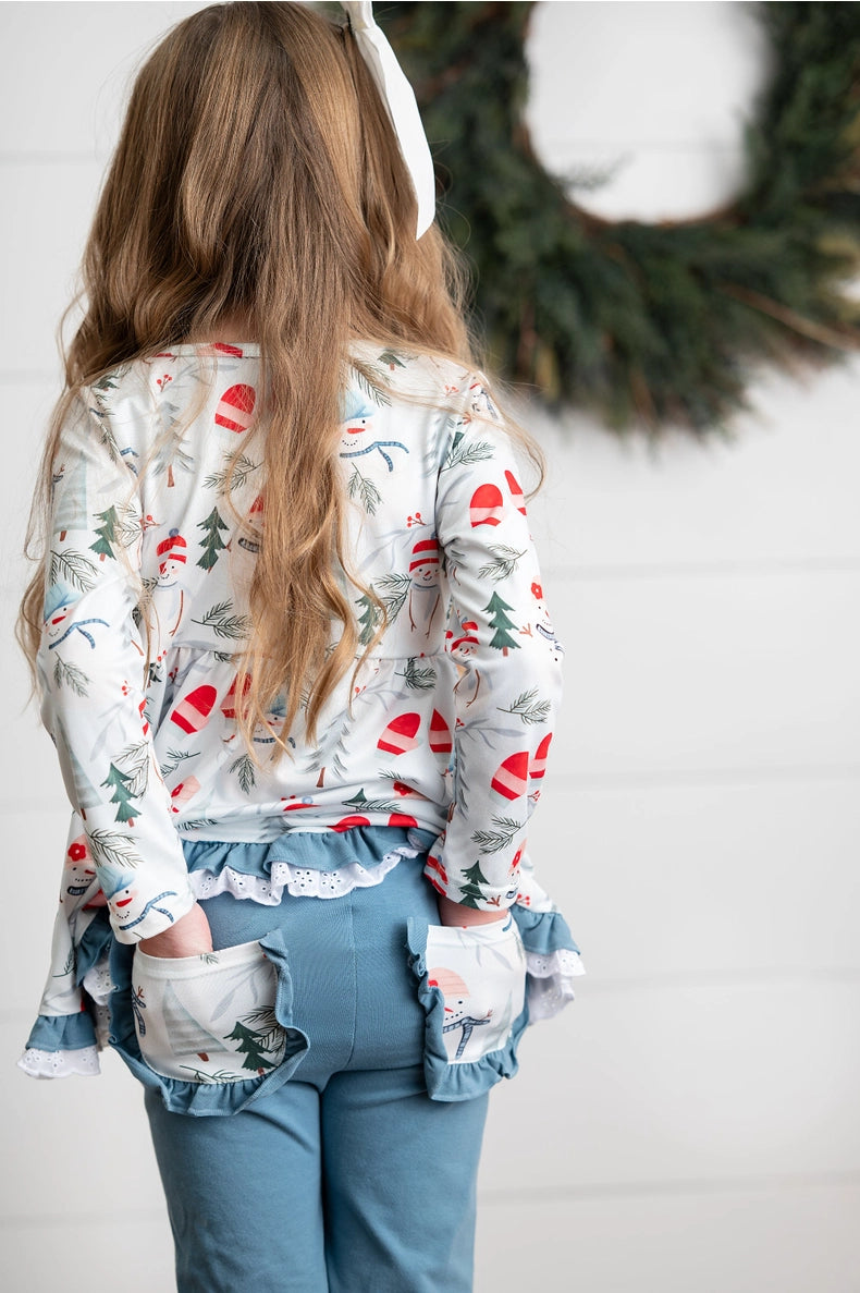 Girls Snowman Lace Ruffle Pocket Winter Holiday Pant Set