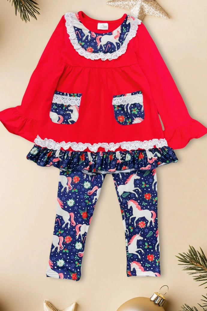 ❄️Unicorn On Red Tunic and Navy Leggings