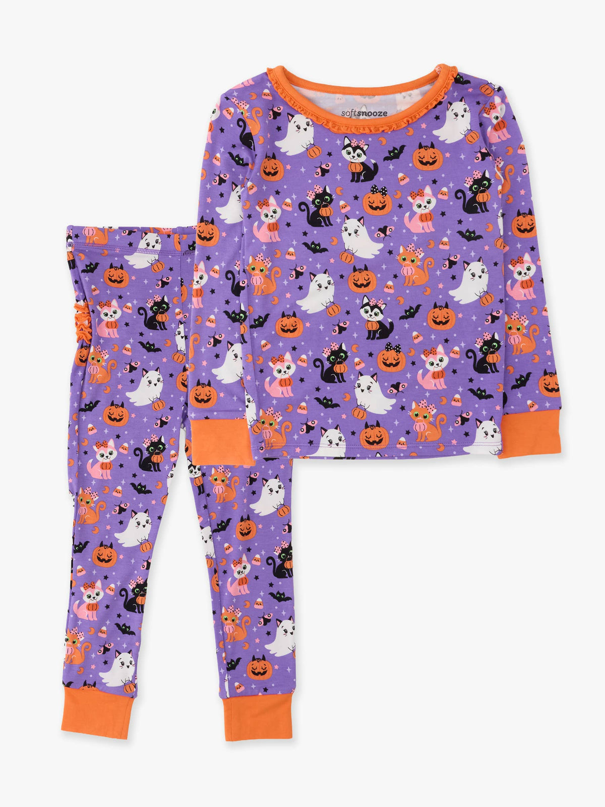 SoftSnooze™ Toddler Girls Bamboo Viscose Boo-tiful Kittens Ruffle Long Sleeve Pajama Set with Signature Rear Ruffles