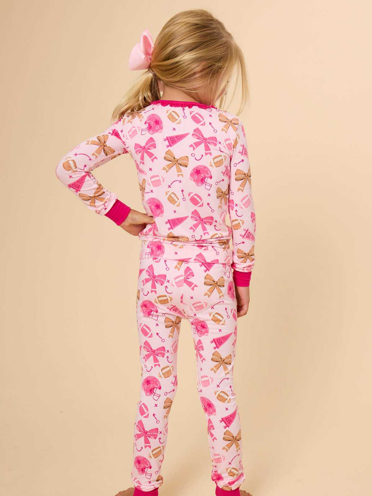 SoftSnooze™ Girls Bamboo Viscose Footballs & Bows Ruffle Long Sleeve Pajama Set