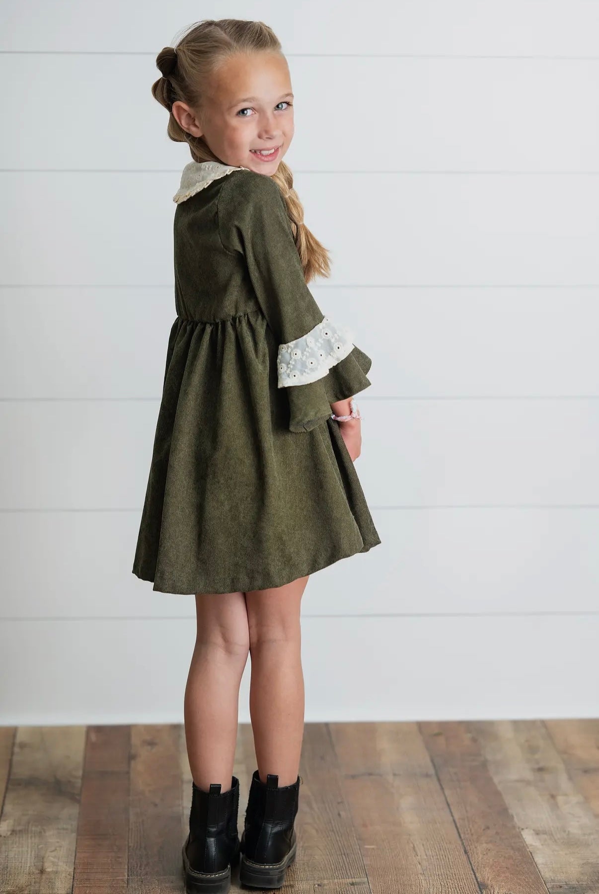 Girls Olive Green Corduroy & Lace Bell Sleeve Fall Dress