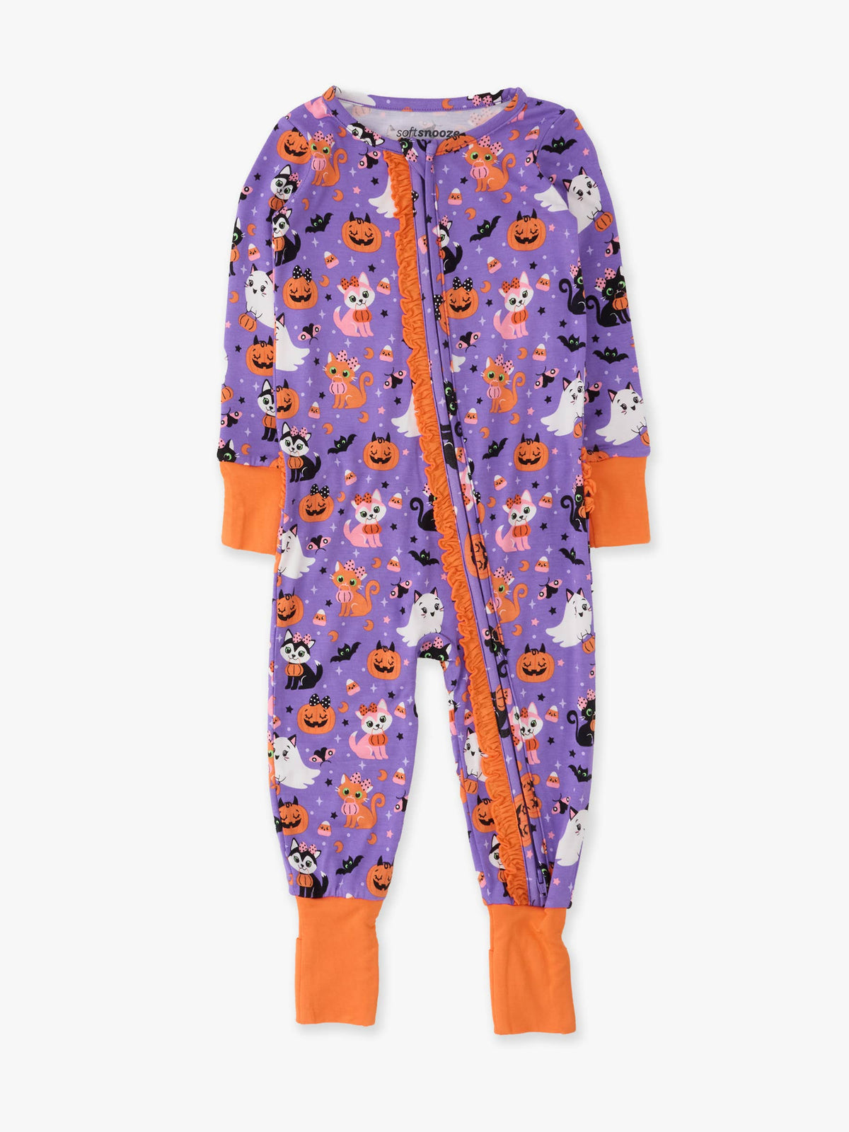 SoftSnooze™ Baby Girls Bamboo Viscose Boo-tiful Kittens Convertible Ruffle One Piece Footie Pajama