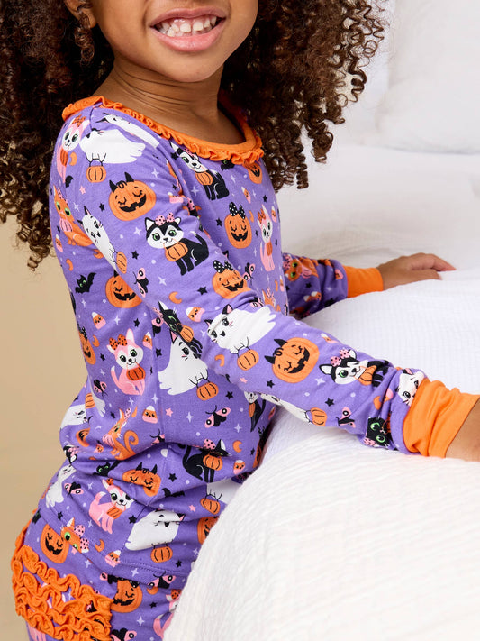 SoftSnooze™ Toddler Girls Bamboo Viscose Boo-tiful Kittens Ruffle Long Sleeve Pajama Set with Signature Rear Ruffles