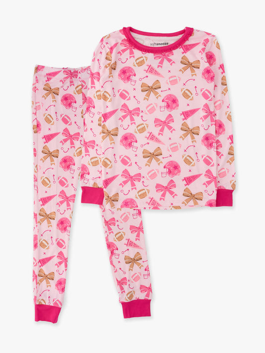 SoftSnooze™ Girls Bamboo Viscose Footballs & Bows Ruffle Long Sleeve Pajama Set