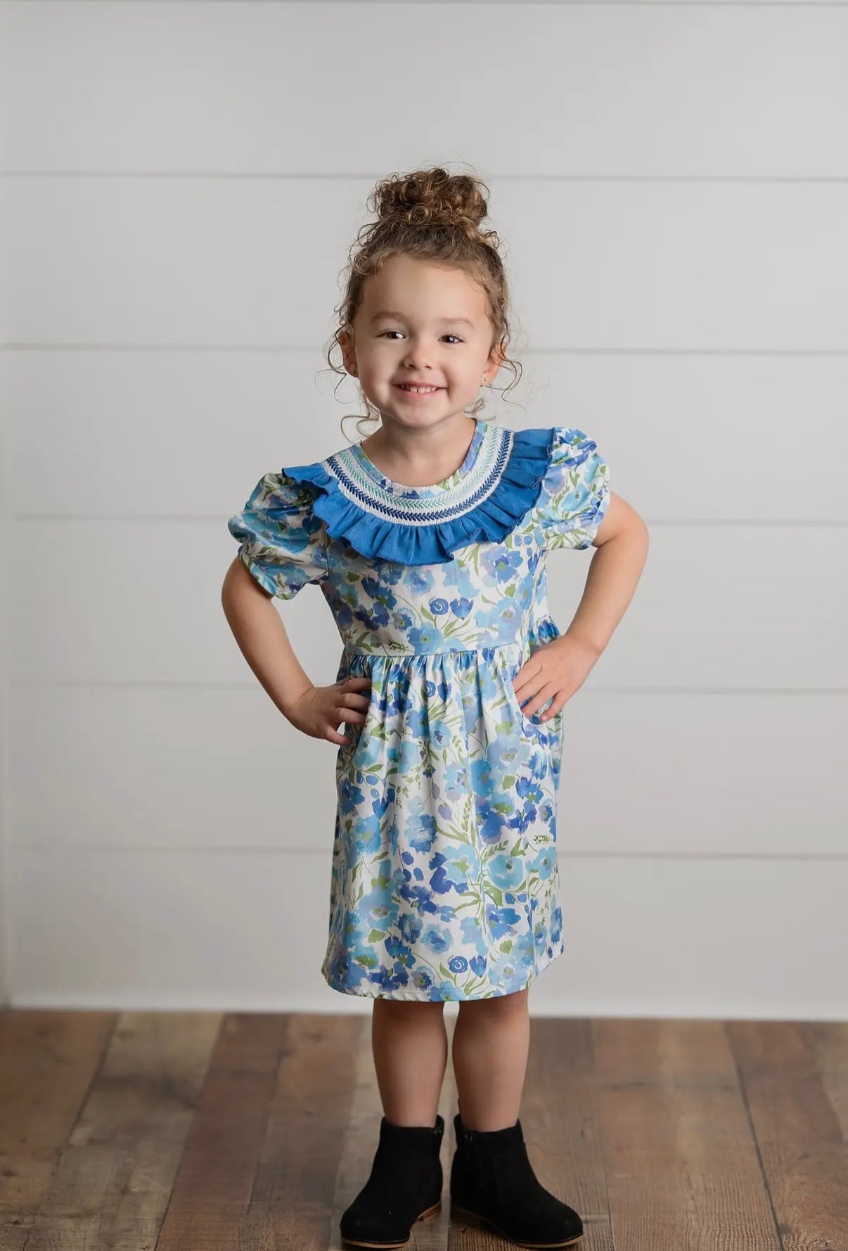 Girls Blue Vintage Floral Embroidered Ruffle Dress