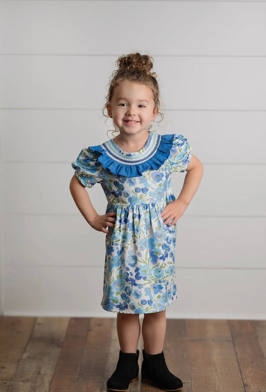 Girls Blue Vintage Floral Embroidered Ruffle Dress