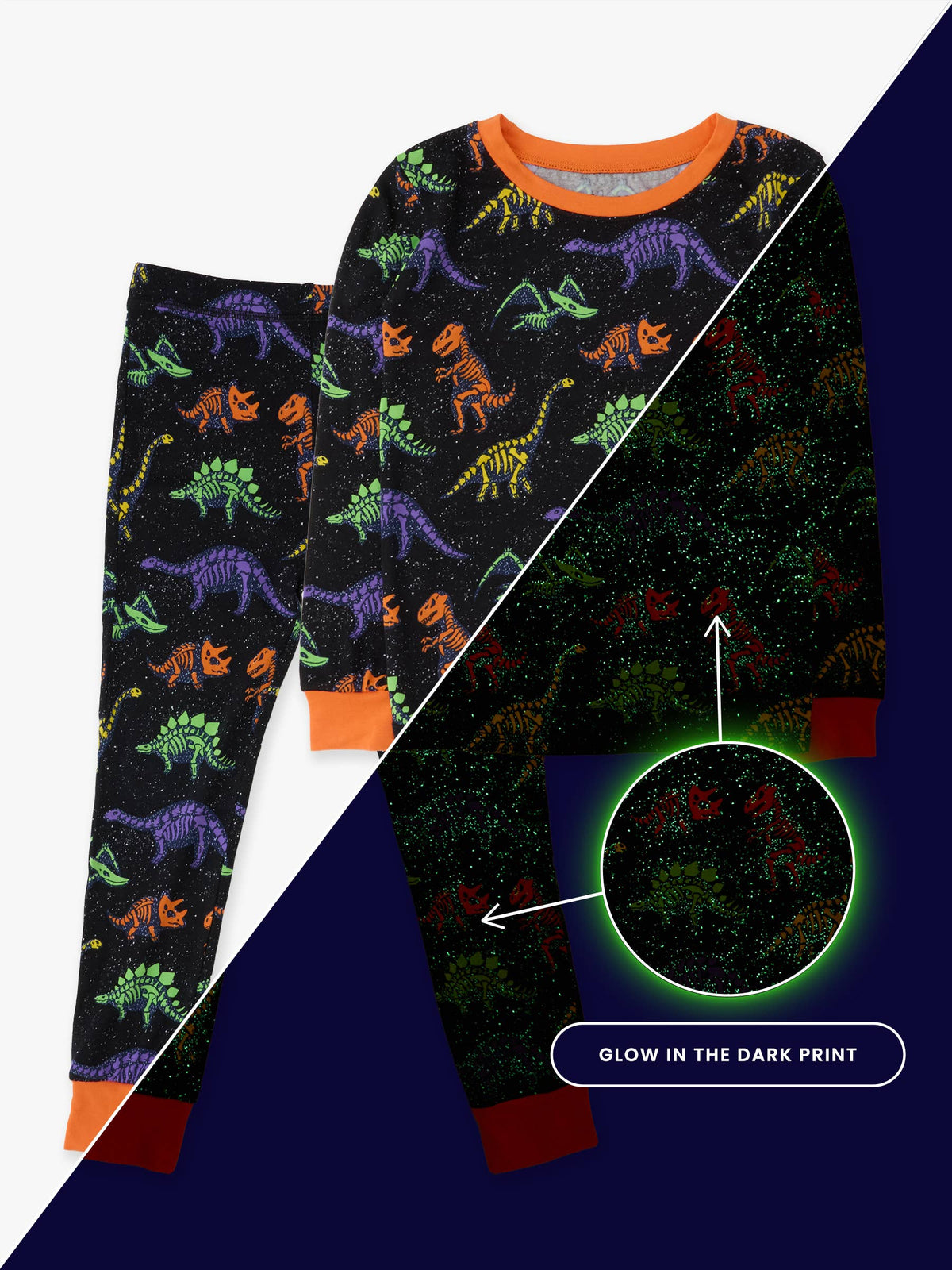 SoftSnooze™ Kids Bamboo Viscose Prehistoric Dinosaur Pals Glow-In-The-Dark Long Sleeve Pajama Set