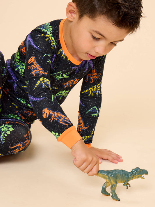 SoftSnooze™ Kids Bamboo Viscose Prehistoric Dinosaur Pals Glow-In-The-Dark Long Sleeve Pajama Set