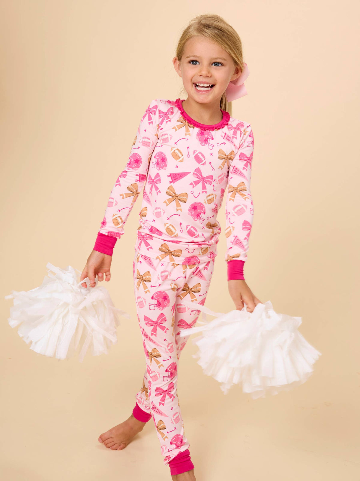 SoftSnooze™ Girls Bamboo Viscose Footballs & Bows Ruffle Long Sleeve Pajama Set