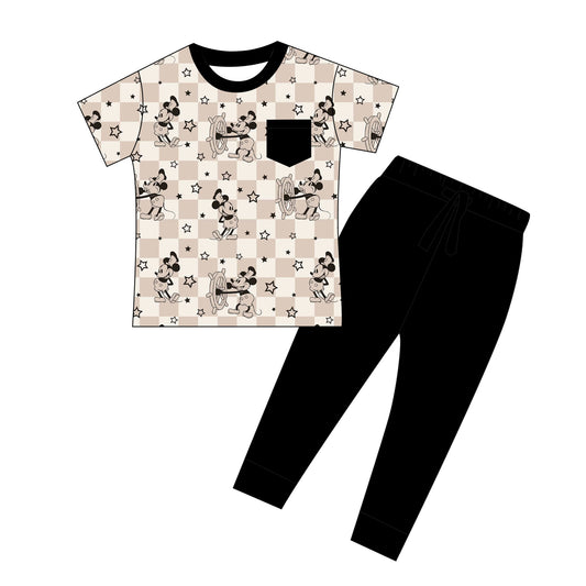 🖤 Steamboat Stars — Boys Bamboo Pocket Tee + Black French Terry bamboo Pants