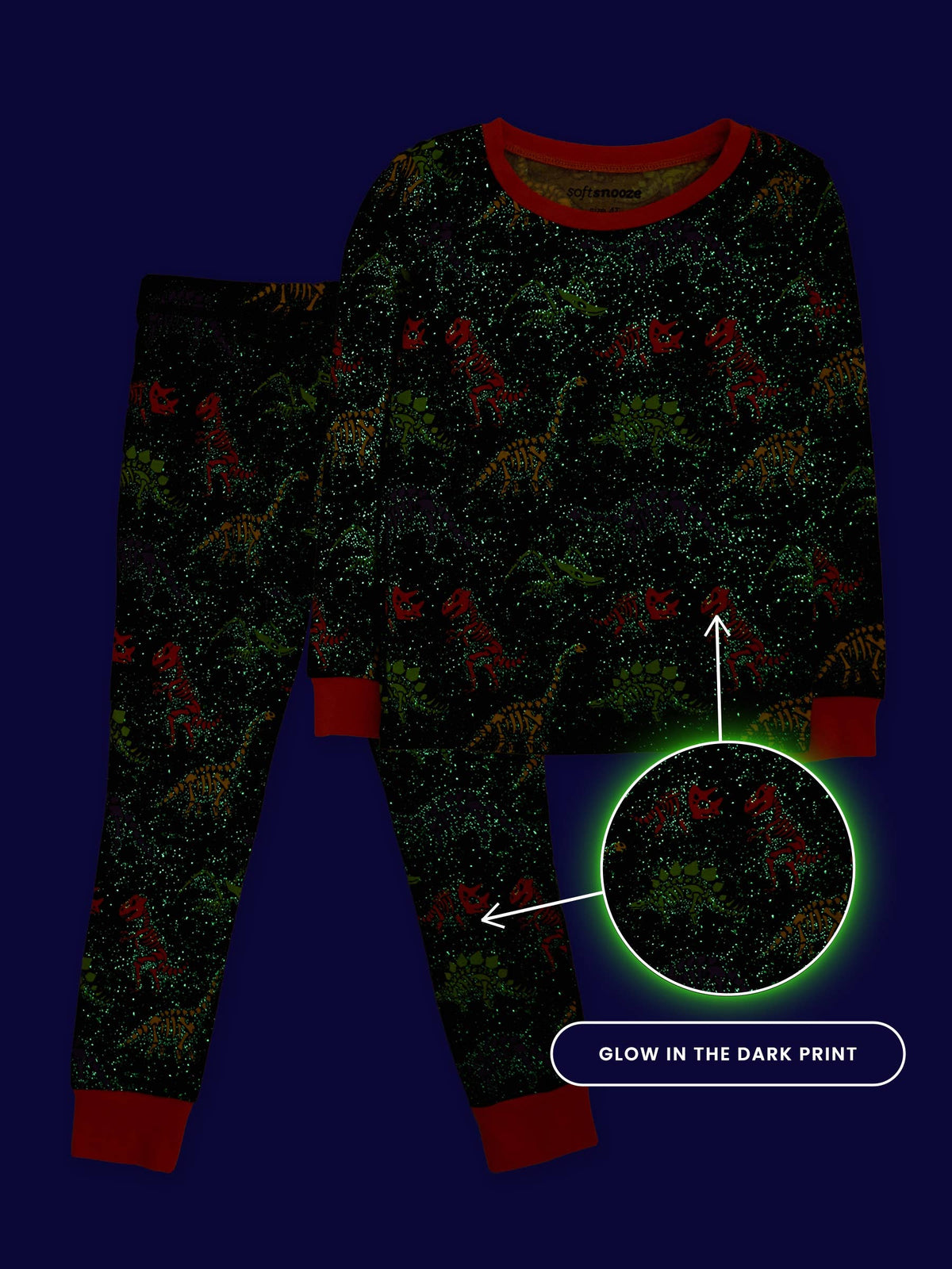 SoftSnooze™ Kids Bamboo Viscose Prehistoric Dinosaur Pals Glow-In-The-Dark Long Sleeve Pajama Set