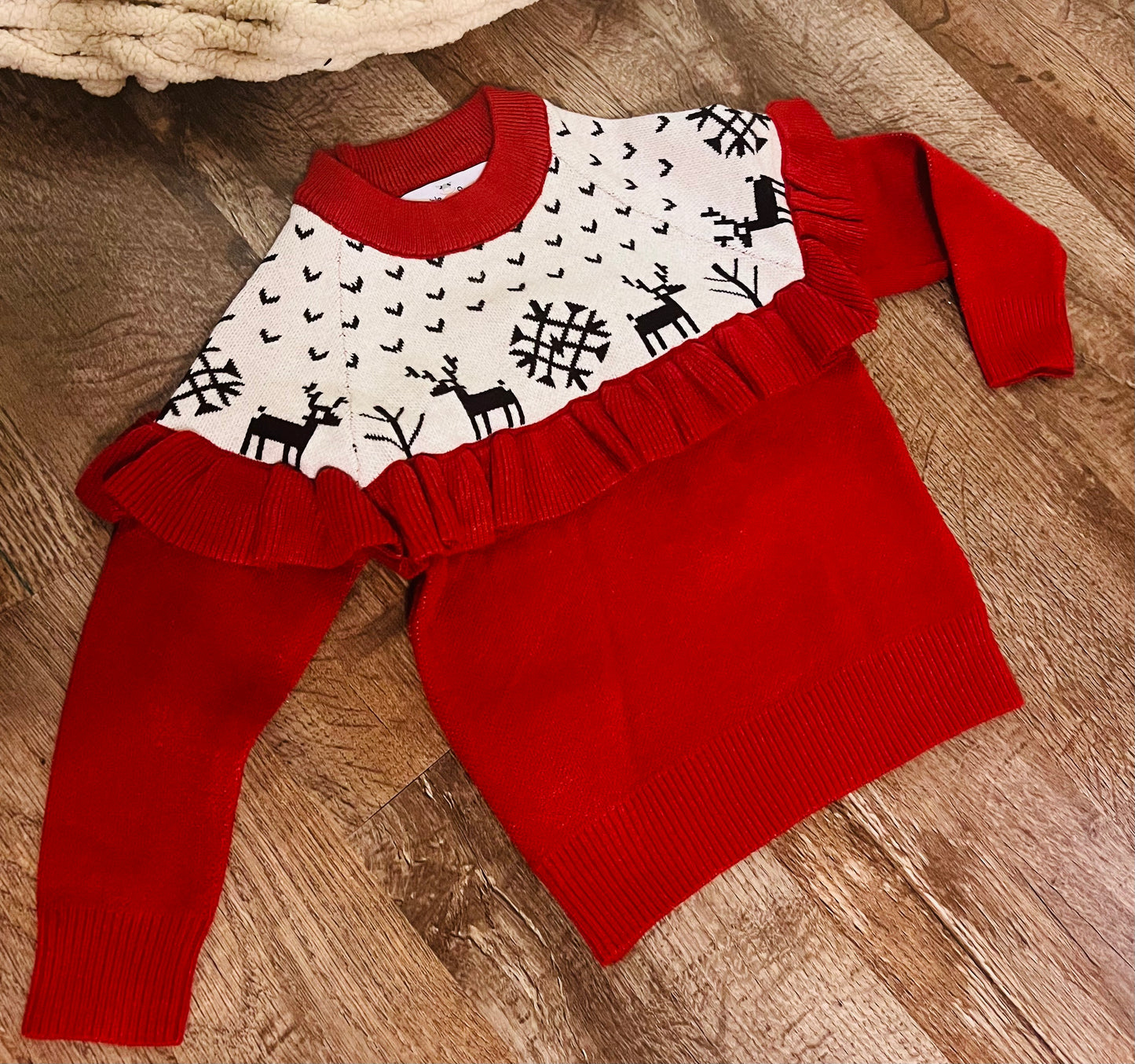 Girls Christmas Holiday Reindeer Ruffle Sweater