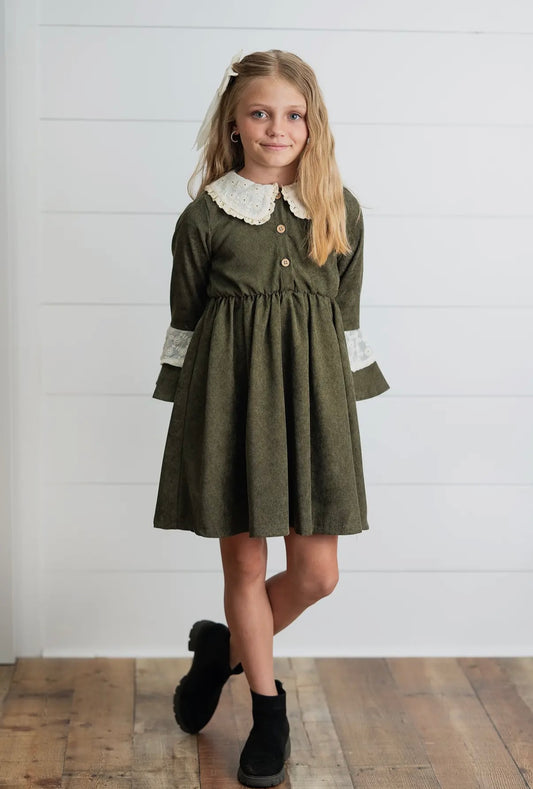 Girls Olive Green Corduroy & Lace Bell Sleeve Fall Dress