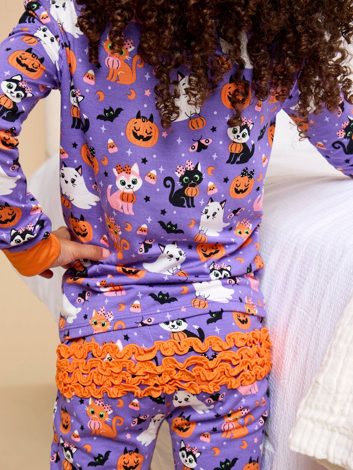 SoftSnooze™ Toddler Girls Bamboo Viscose Boo-tiful Kittens Ruffle Long Sleeve Pajama Set with Signature Rear Ruffles