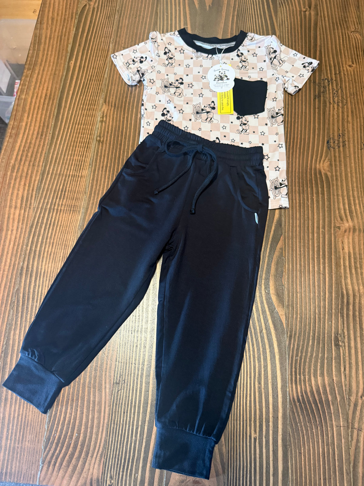 🖤 Steamboat Stars — Boys Bamboo Pocket Tee + Black French Terry bamboo Pants
