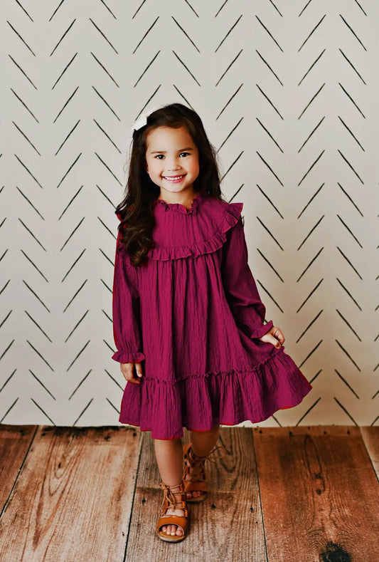 Girls Annie Plum Colored Ruffle Long Sleeve Fall Dress