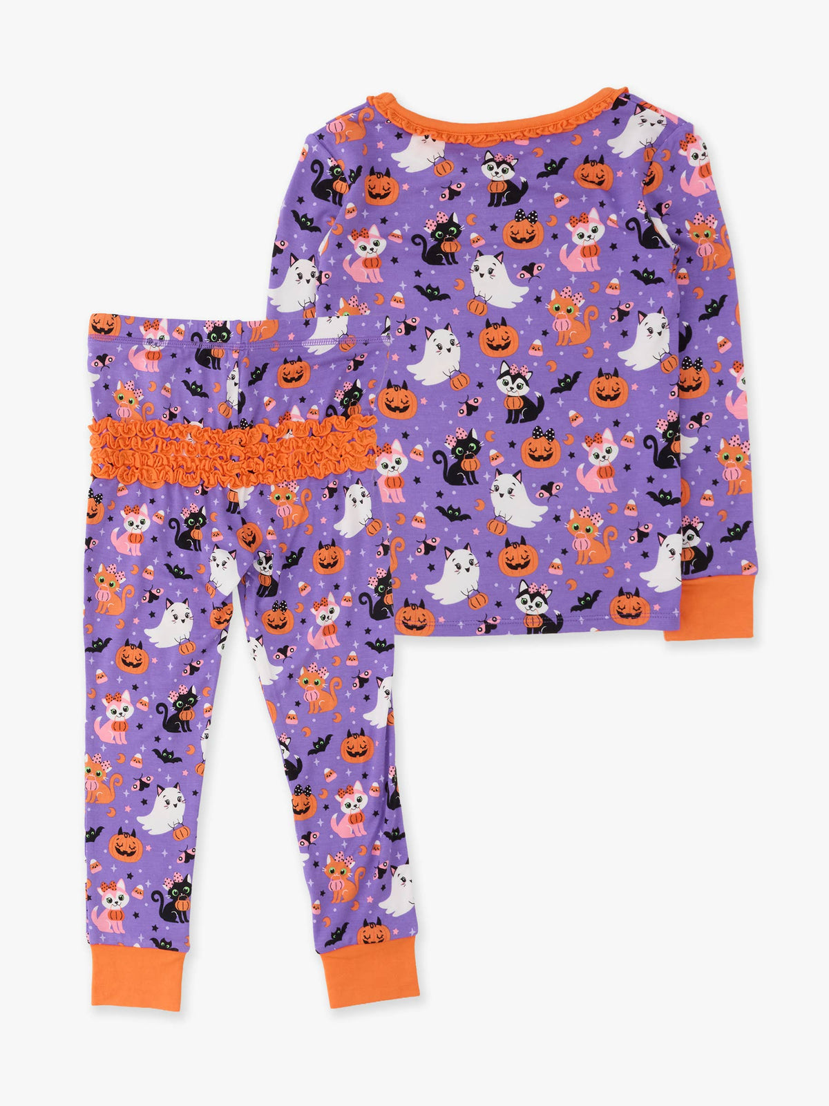 SoftSnooze™ Toddler Girls Bamboo Viscose Boo-tiful Kittens Ruffle Long Sleeve Pajama Set with Signature Rear Ruffles