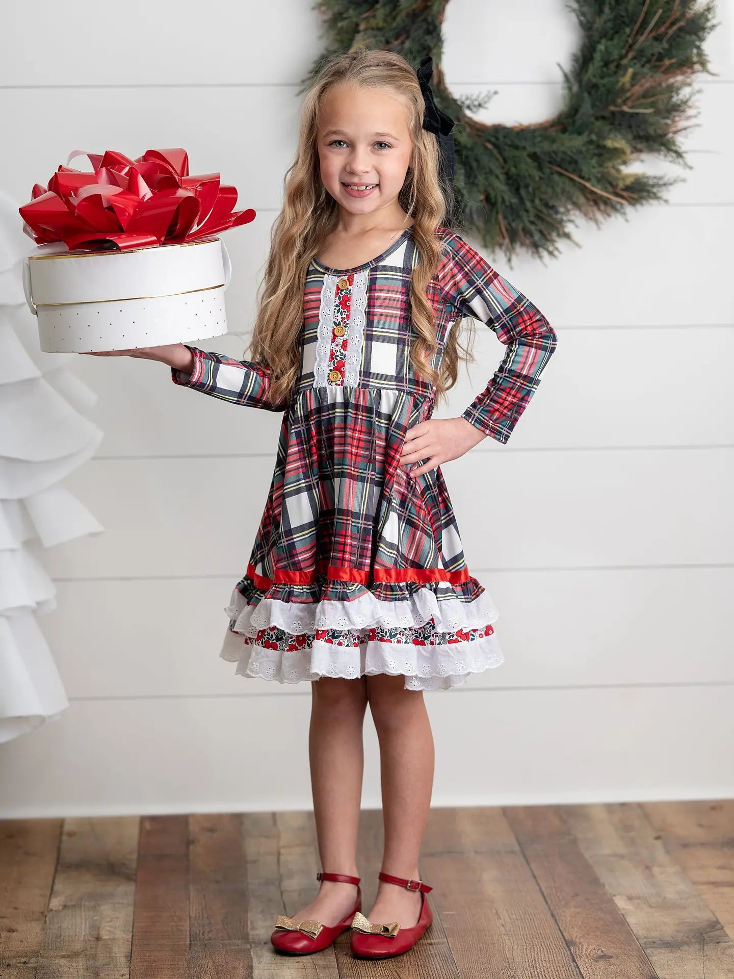 Girls Holiday Christmas Plaid Lace Ruffle Bow Back Dress