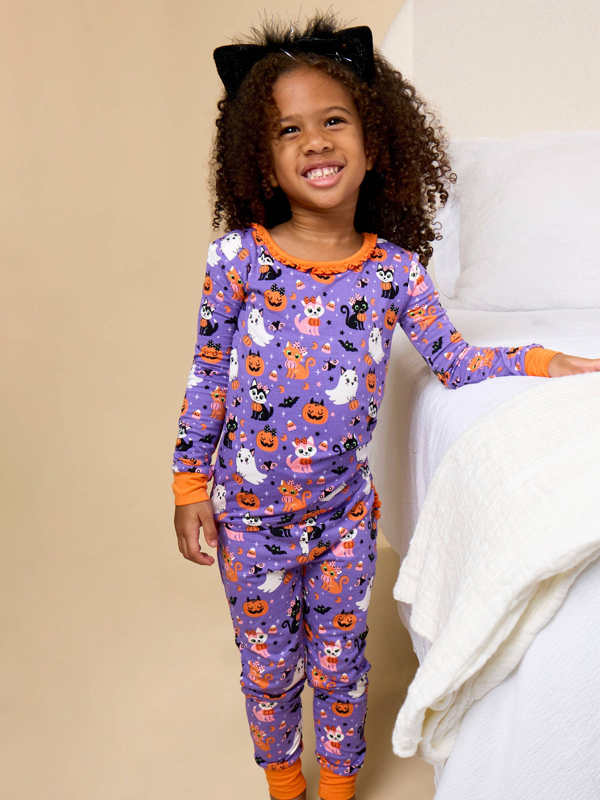 SoftSnooze™ Toddler Girls Bamboo Viscose Boo-tiful Kittens Ruffle Long Sleeve Pajama Set with Signature Rear Ruffles