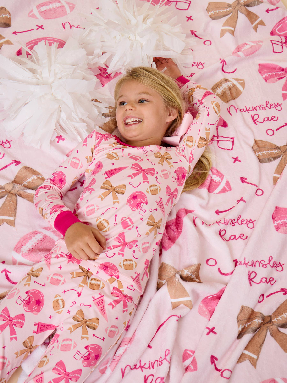 SoftSnooze™ Girls Bamboo Viscose Footballs & Bows Ruffle Long Sleeve Pajama Set