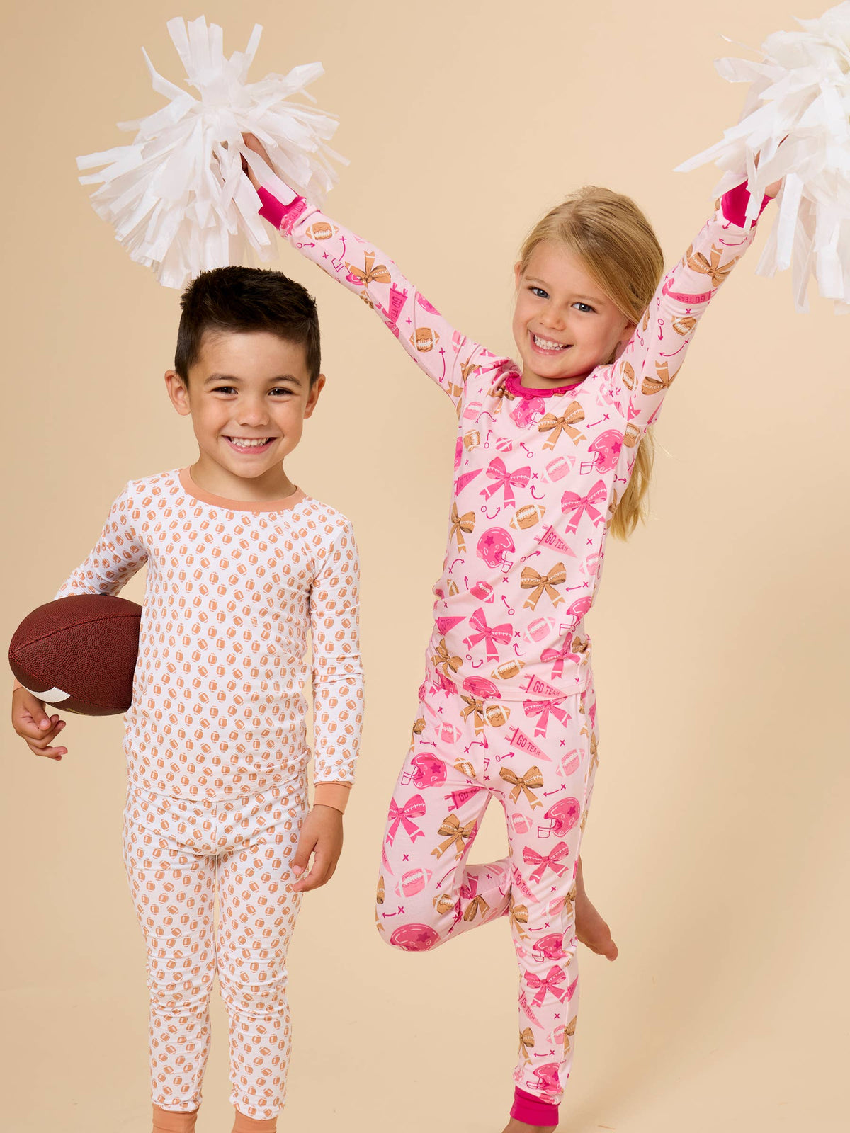 SoftSnooze™ Girls Bamboo Viscose Footballs & Bows Ruffle Long Sleeve Pajama Set