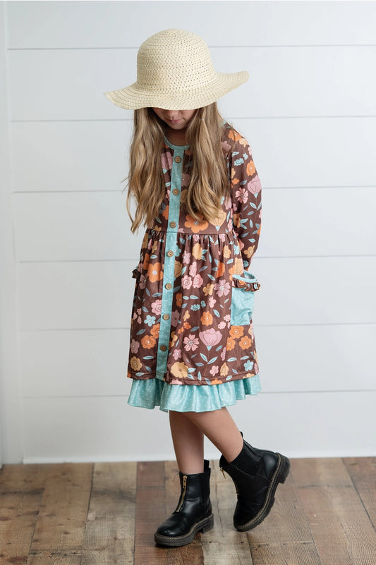 Girls Brown Floral Ruffle Pocket Tie Fall Dress