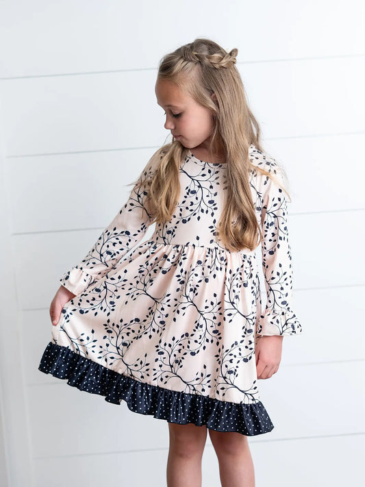 Girls Claire Beige Fall Leaf & Polka Dot Twirl Dress