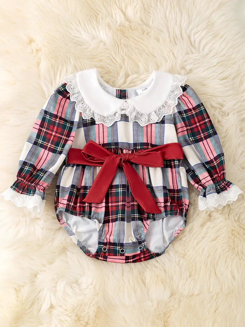 Cute Plaid Printed Baby Onesie with Cute Lace