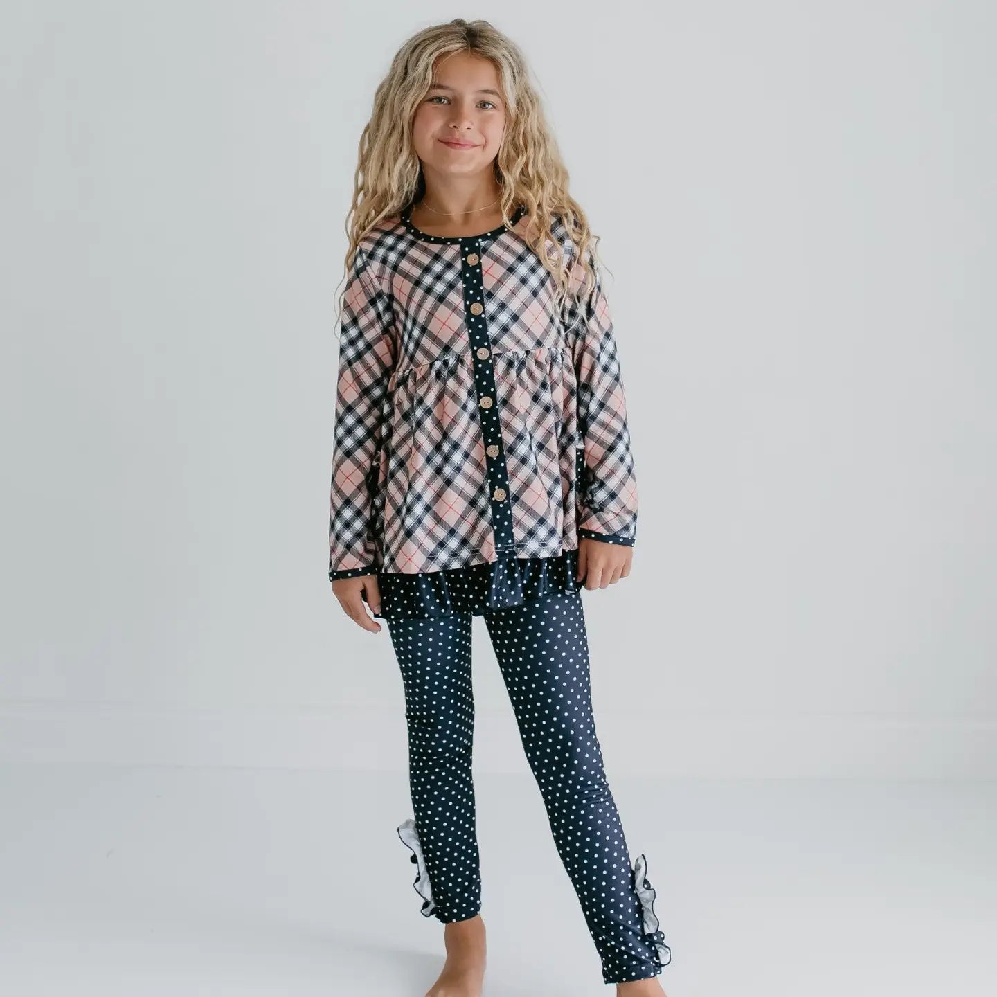Girls Tan Plaid & Polka Dot Ruffle Pocket Button Legging Set