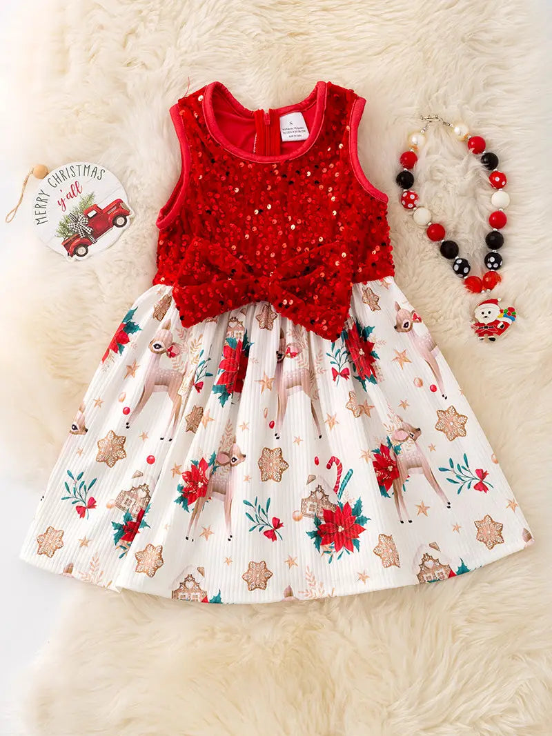 Fawn & Poinsettia Floral Printed Dress/Sequins Detailed Top