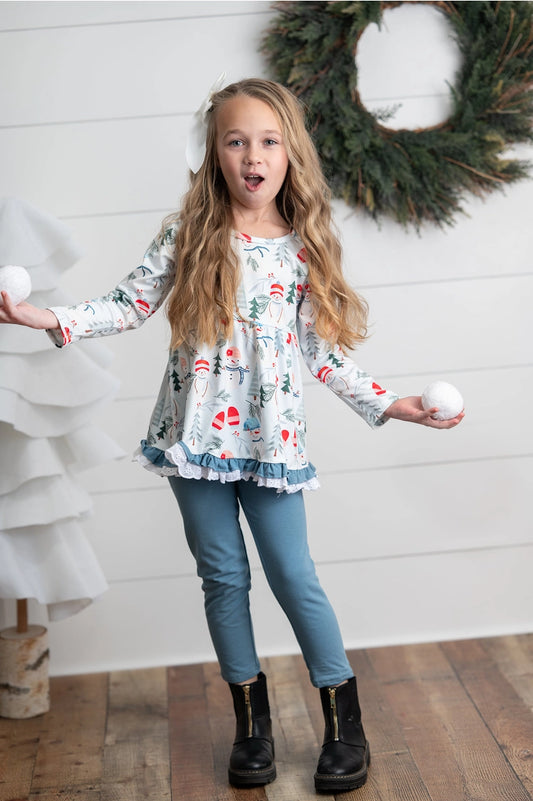 Girls Snowman Lace Ruffle Pocket Winter Holiday Pant Set